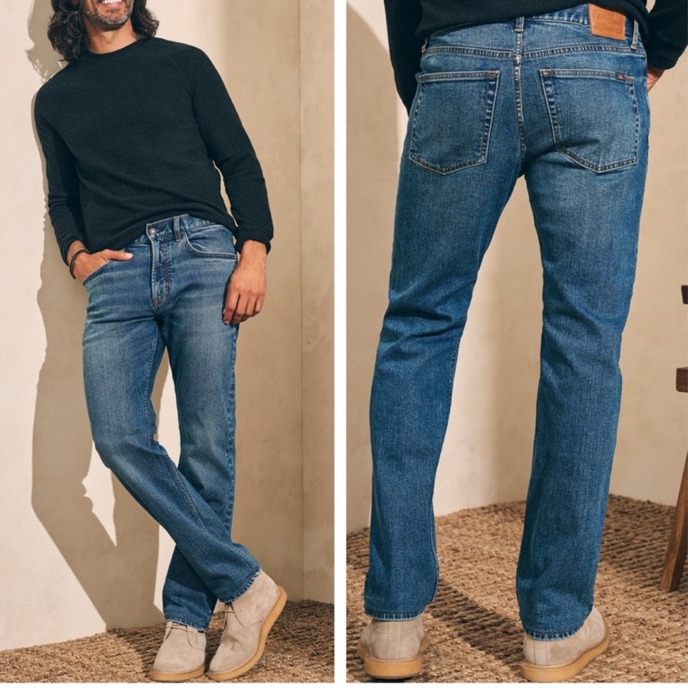 Faherty Mens Organic Cotton Slim Straight Denim Comfortable Mid-Rise Jeans Blue